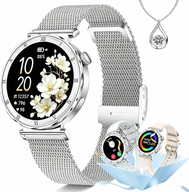 Main image of Smart Watch for Women Men, 1.19" AMOLED, Fitness Tracker Watch with IP68 Bluetooth Call & Answer,130+Sports Modes with Heart Rate/Sleep Monitor,Silver Watch with 3bands for iOS/Android
