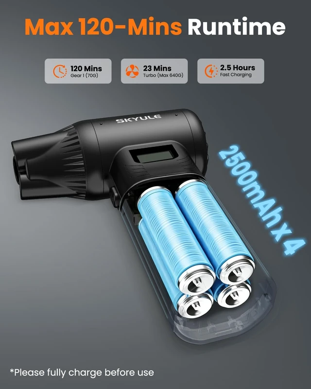 Alt view image 6 of 7 - RS40 Ultra Compressed Air Duster, 260MPH & 640G Hurricane Airflow Replace 80,000 Air Cans, 6-Gear Adjustable, Max 120 Mins Runtime with Fast Charging for Heavy-Duty Clean
