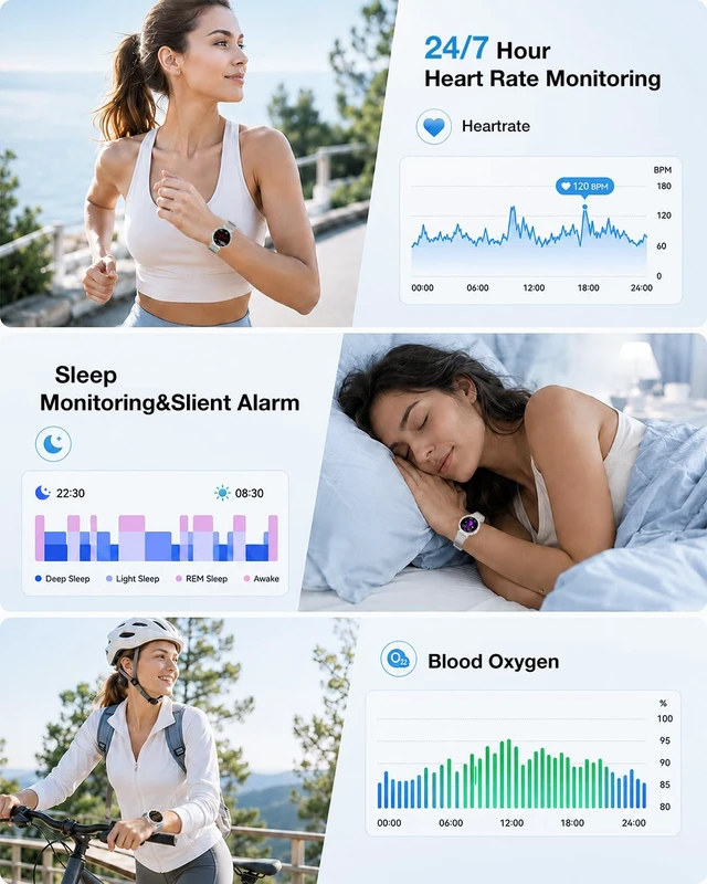 Alt view image 5 of 7 - Smart Watch for Women Men, 1.19" AMOLED, Fitness Tracker Watch with IP68 Bluetooth Call & Answer,130+Sports Modes with Heart Rate/Sleep Monitor,Silver Watch with 3bands for iOS/Android