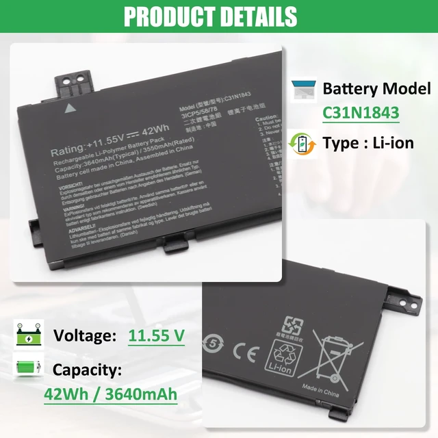 Alt view image 2 of 7 - C31N1843 Battery Replacement for ASUS VivoBook S14 S432FA S432FL For Vivobook S15 S532 S532FA S532FL X432FA X432FL X432FLC X532FA X532FL X532FLC S432FA-EB008T S532FA-DH55 Series, 11.55V 42Wh