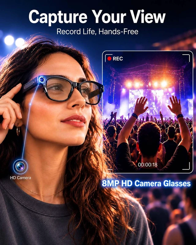 Alt view image 3 of 7 - AI Smart Glasses with Camera,8MP Photo Camera Glasses,1080P Video Recording Glasses with Dual Mic Noise Cancellation,Bluetooth Open-Ear Audio,Real-Time Translation,for Men Women(Clear Lenses)