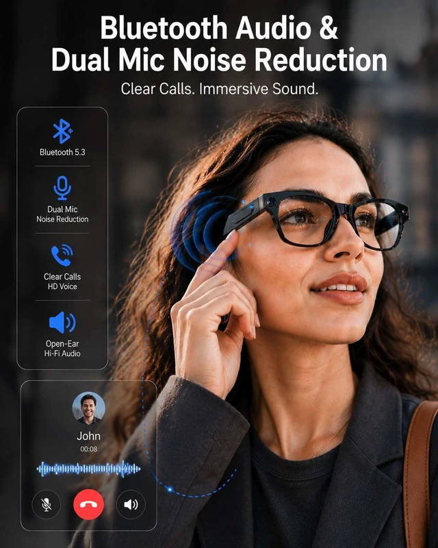 Alt view image 6 of 7 - AI Smart Glasses with Camera,8MP Photo Camera Glasses,1080P Video Recording Glasses with Dual Mic Noise Cancellation,Bluetooth Open-Ear Audio,Real-Time Translation,for Men Women(Clear Lenses)