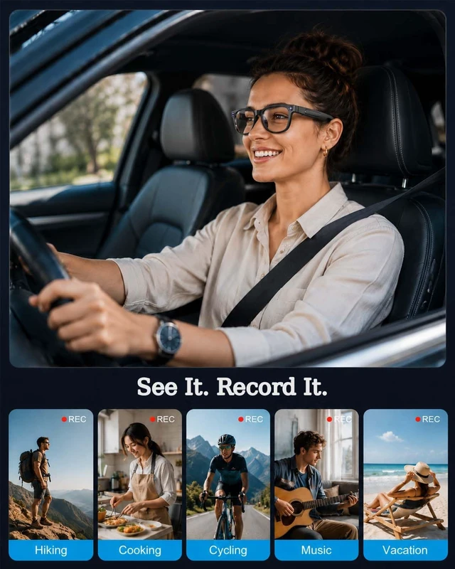 Alt view image 7 of 7 - AI Smart Glasses with Camera,8MP Photo Camera Glasses,1080P Video Recording Glasses with Dual Mic Noise Cancellation,Bluetooth Open-Ear Audio,Real-Time Translation,for Men Women(Clear Lenses)