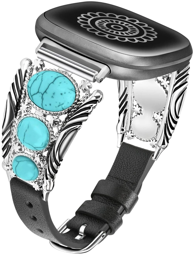 Main image of Leather Band Compatible with Fitbit Versa 4/Versa 3/Sense 2/Sense Band Women, Western Turquoise Boho Vintage Cowboy Retro Jewelry Adjustable Slim Replacement Wristband Strap for Versa 4/ Sense