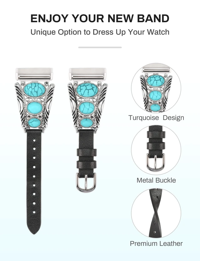 Alt view image 2 of 6 - Leather Band Compatible with Fitbit Versa 4/Versa 3/Sense 2/Sense Band Women, Western Turquoise Boho Vintage Cowboy Retro Jewelry Adjustable Slim Replacement Wristband Strap for Versa 4/ Sense