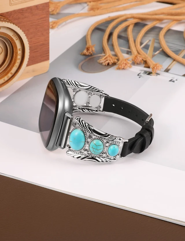 Alt view image 3 of 6 - Leather Band Compatible with Fitbit Versa 4/Versa 3/Sense 2/Sense Band Women, Western Turquoise Boho Vintage Cowboy Retro Jewelry Adjustable Slim Replacement Wristband Strap for Versa 4/ Sense