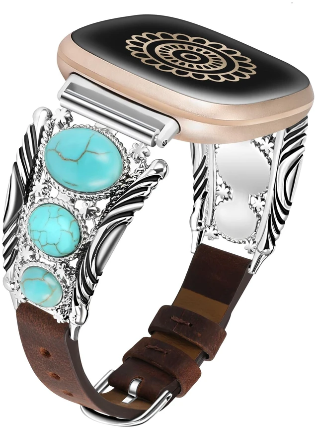 Main image of Leather Band Compatible with Fitbit Versa 4/Versa 3/Sense 2/Sense Band Women, Western Turquoise Boho Vintage Cowboy Retro Jewelry Adjustable Slim Replacement Wristband Strap for Versa 4/ Sense