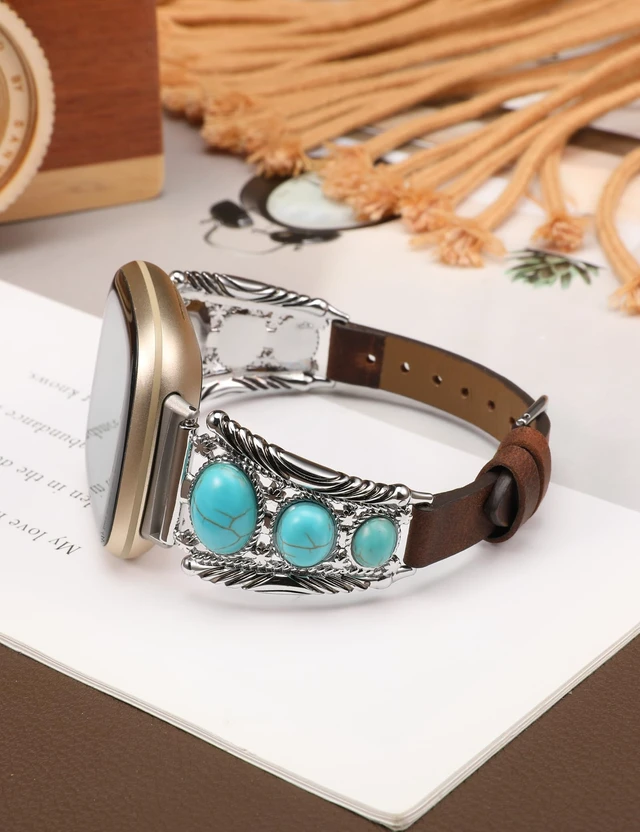 Alt view image 3 of 6 - Leather Band Compatible with Fitbit Versa 4/Versa 3/Sense 2/Sense Band Women, Western Turquoise Boho Vintage Cowboy Retro Jewelry Adjustable Slim Replacement Wristband Strap for Versa 4/ Sense