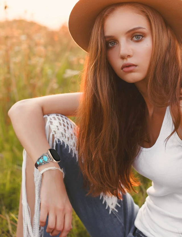 Alt view image 5 of 6 - Leather Band Compatible with Fitbit Versa 4/Versa 3/Sense 2/Sense Band Women, Western Turquoise Boho Vintage Cowboy Retro Jewelry Adjustable Slim Replacement Wristband Strap for Versa 4/ Sense
