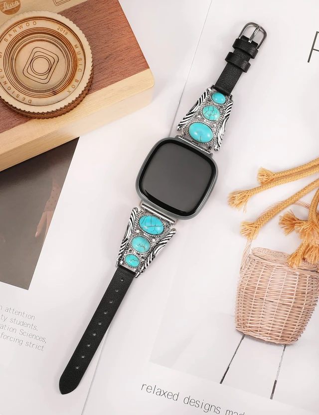 Alt view image 4 of 6 - Leather Band Compatible with Fitbit Versa 4/Versa 3/Sense 2/Sense Band Women, Western Turquoise Boho Vintage Cowboy Retro Jewelry Adjustable Slim Replacement Wristband Strap for Versa 4/ Sense