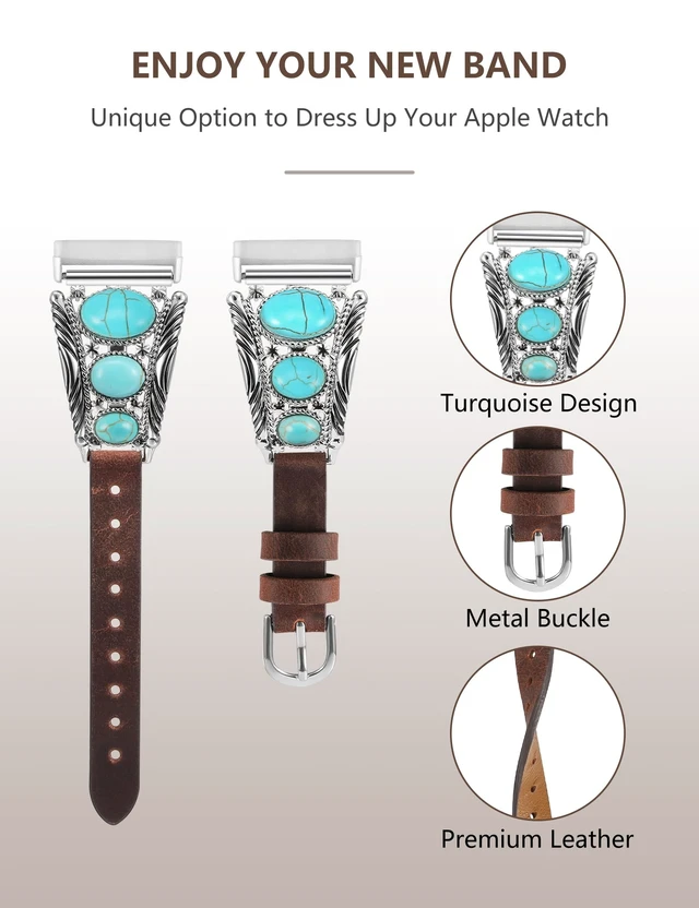 Alt view image 2 of 6 - Leather Band Compatible with Fitbit Versa 4/Versa 3/Sense 2/Sense Band Women, Western Turquoise Boho Vintage Cowboy Retro Jewelry Adjustable Slim Replacement Wristband Strap for Versa 4/ Sense