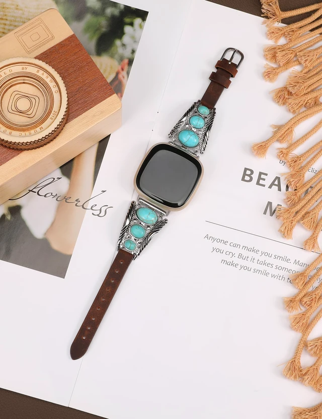 Alt view image 4 of 6 - Leather Band Compatible with Fitbit Versa 4/Versa 3/Sense 2/Sense Band Women, Western Turquoise Boho Vintage Cowboy Retro Jewelry Adjustable Slim Replacement Wristband Strap for Versa 4/ Sense