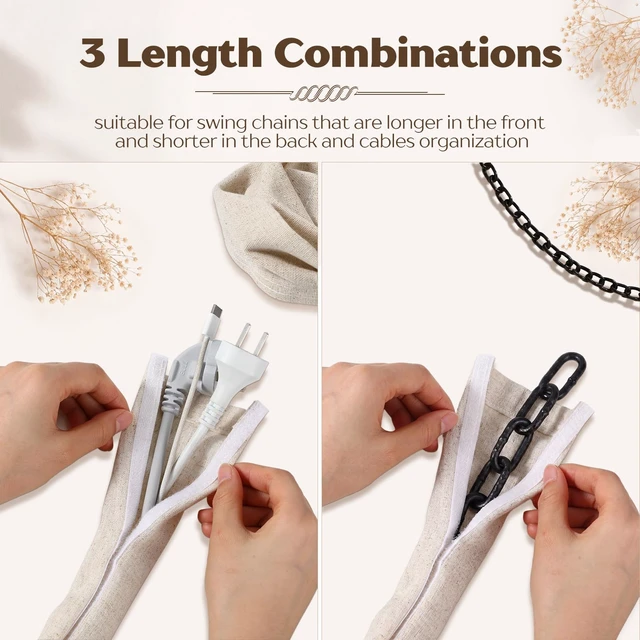 Alt view image 4 of 7 - 6 Pack Fabric Cord Cover for Electric Wire, Beige, 2x3.7ft,2x3.9ft,2x4.2ft Chandelier Chain Cover, Swing Chain Linen Shade with Hidden Hook Loop Closure Sleeves, for Chandelier Wires Cable Swing