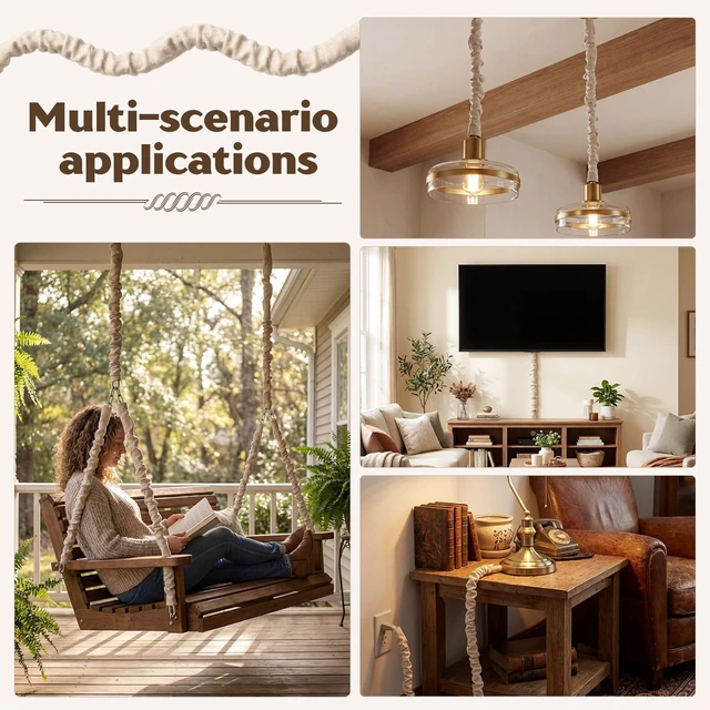 Alt view image 6 of 7 - 6 Pack Fabric Cord Cover for Electric Wire, Beige, 2x3.7ft,2x3.9ft,2x4.2ft Chandelier Chain Cover, Swing Chain Linen Shade with Hidden Hook Loop Closure Sleeves, for Chandelier Wires Cable Swing