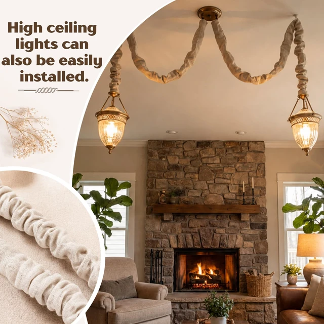 Alt view image 7 of 7 - 6 Pack Fabric Cord Cover for Electric Wire, Beige, 2x3.7ft,2x3.9ft,2x4.2ft Chandelier Chain Cover, Swing Chain Linen Shade with Hidden Hook Loop Closure Sleeves, for Chandelier Wires Cable Swing