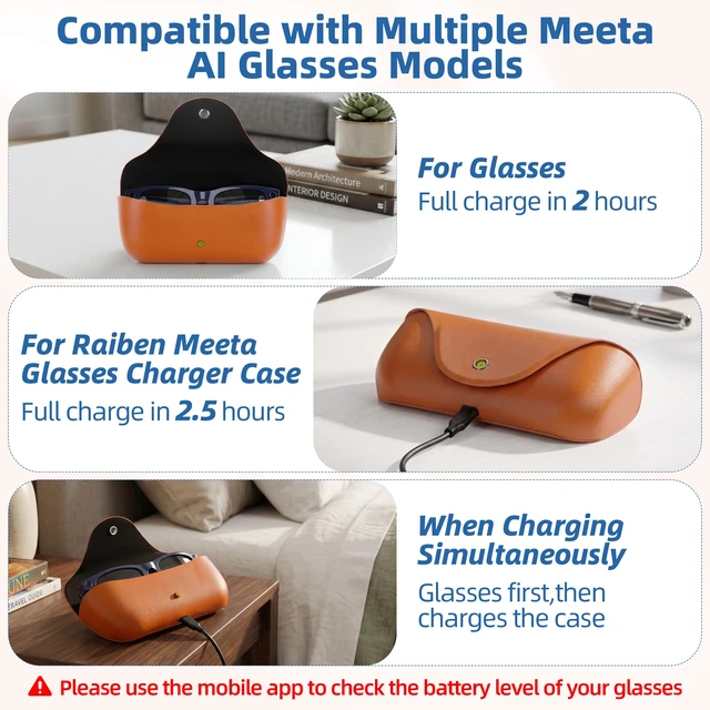 Alt view image 4 of 7 - Portable AI Glasses Charging Case Compatible with Rai-Ben Meeta Gen1/Gen2 3000mAh Battery with LED Display - Replacement Smart Charger Case for Raiben Meeta Oakley Meta HSTN/Wayfanen/Skyler/Headline