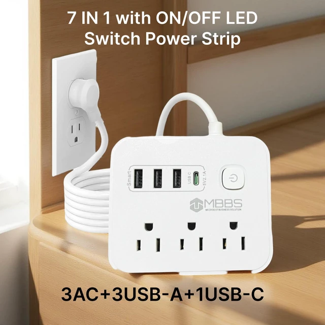 Alt view image 2 of 7 - 4 ft Surge Protector Power Strip with USB C, 1200J Protection, Heavy Duty Extension Cord (7-in-1) 3 AC Outlets, 4 USB Ports, LED On/Off Switch Compact & Travel Friendly Home, Office (White)