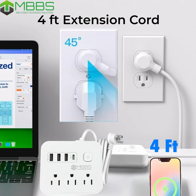Alt view image 4 of 7 - 4 ft Surge Protector Power Strip with USB C, 1200J Protection, Heavy Duty Extension Cord (7-in-1) 3 AC Outlets, 4 USB Ports, LED On/Off Switch Compact & Travel Friendly Home, Office (White)