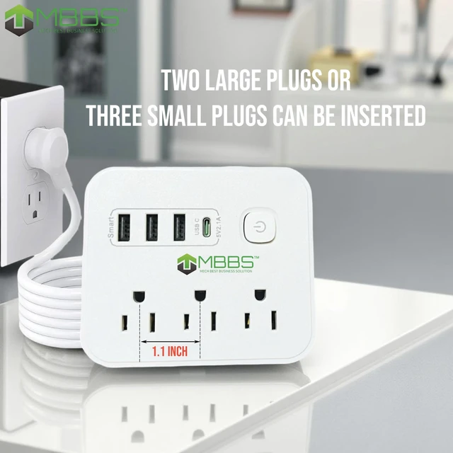 Alt view image 5 of 7 - 4 ft Surge Protector Power Strip with USB C, 1200J Protection, Heavy Duty Extension Cord (7-in-1) 3 AC Outlets, 4 USB Ports, LED On/Off Switch Compact & Travel Friendly Home, Office (White)