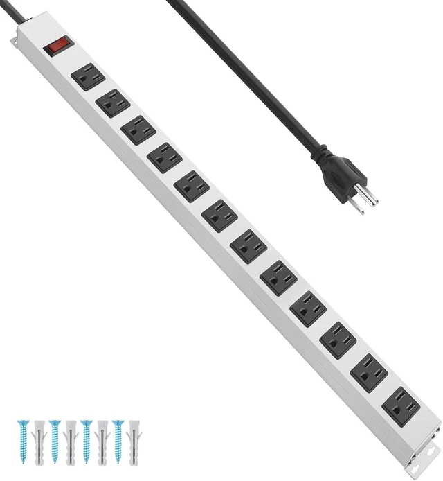 Main image of Metal Long 12 Outlet Surge Protector Power Strip, White, 3 FT Plug Extender with Heavy Duty Extension Cord, Wall Mount, Wide Spaced, with Switch, ETL Listed