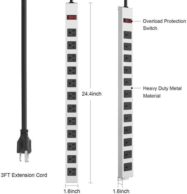 Alt view image 3 of 7 - Metal Long 12 Outlet Surge Protector Power Strip, White, 3 FT Plug Extender with Heavy Duty Extension Cord, Wall Mount, Wide Spaced, with Switch, ETL Listed