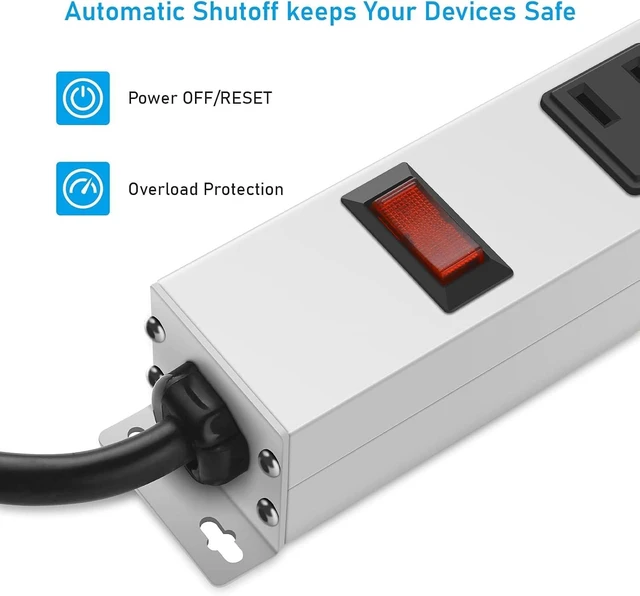 Alt view image 5 of 7 - Metal Long 12 Outlet Surge Protector Power Strip, White, 3 FT Plug Extender with Heavy Duty Extension Cord, Wall Mount, Wide Spaced, with Switch, ETL Listed