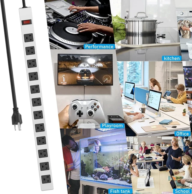 Alt view image 7 of 7 - Metal Long 12 Outlet Surge Protector Power Strip, White, 3 FT Plug Extender with Heavy Duty Extension Cord, Wall Mount, Wide Spaced, with Switch, ETL Listed