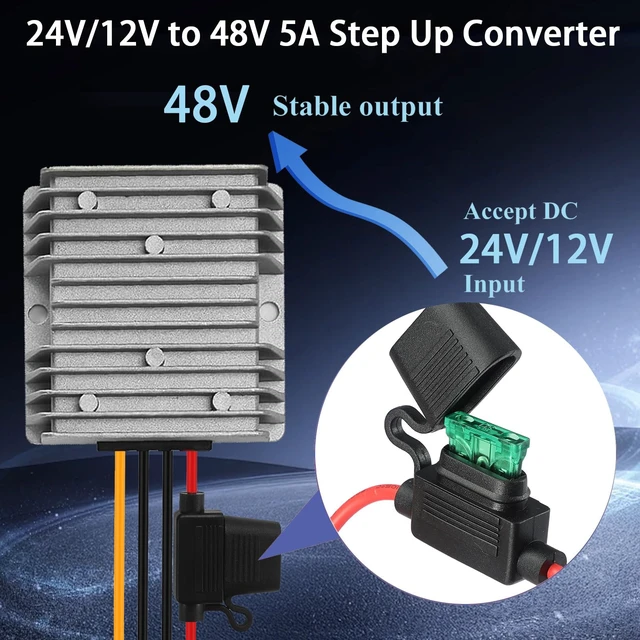 Alt view image 2 of 7 - DC 12V 24V Step Up to 48V 5A 240W DC Boost Converter with Fuse Voltage Regulator Supply Power Converter Waterproof Module Transformer for Golf Cart CNC Equipment RV Accessories