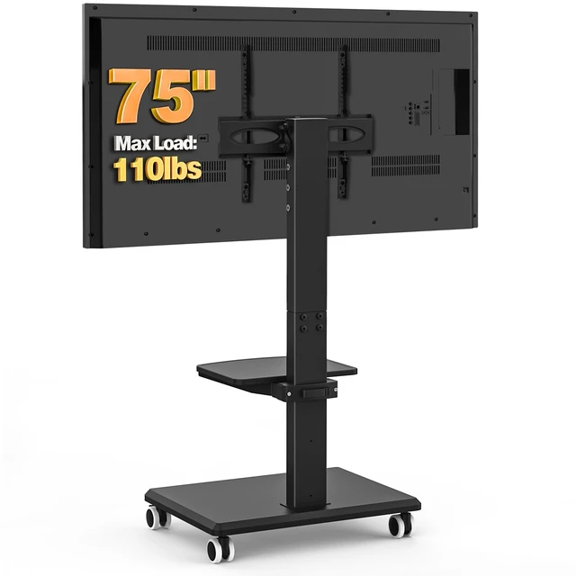 Alt view image 2 of 7 - Rolling Floor TV Stand with Single Media Shelf, Height Adjustable Swivel Freestanding TV Mount with 2'' Nylon Casters, Wood Base for 32-75 Inch TVs up to 110lbs Max VESA600×400mm