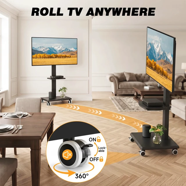 Alt view image 5 of 7 - Rolling Floor TV Stand with Single Media Shelf, Height Adjustable Swivel Freestanding TV Mount with 2'' Nylon Casters, Wood Base for 32-75 Inch TVs up to 110lbs Max VESA600×400mm