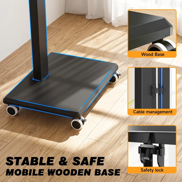 Alt view image 7 of 7 - Height Adjustable Rolling Floor TV Stand, Swivel Freestanding TV Mount with 2'' Nylon Casters, Solid Wood Base for 32-75 Inch TVs Up to 110 lbs, Max VESA 400x400mm