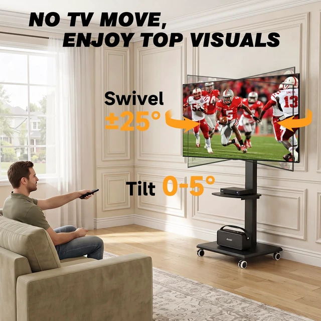 Alt view image 4 of 7 - Rolling Floor TV Stand with Single Media Shelf, Height Adjustable Swivel Freestanding TV Mount with 2'' Nylon Casters, Wood Base for 32-75 Inch TVs up to 110lbs Max VESA600×400mm