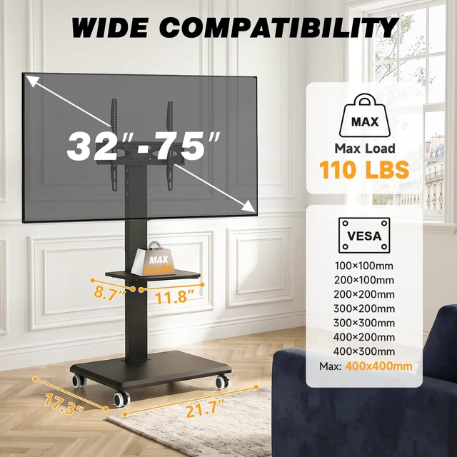 Alt view image 3 of 7 - Rolling Floor TV Stand with Single Media Shelf, Height Adjustable Swivel Freestanding TV Mount with 2'' Nylon Casters, Wood Base for 32-75 Inch TVs up to 110lbs Max VESA600×400mm
