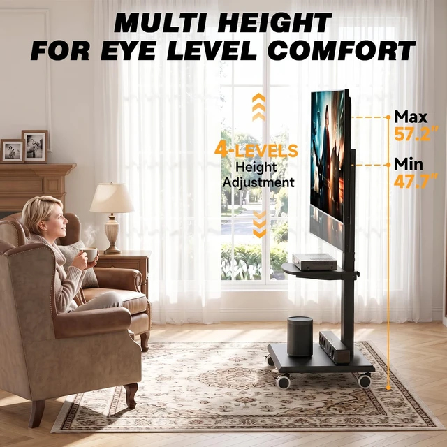 Alt view image 7 of 7 - Rolling Floor TV Stand with Single Media Shelf, Height Adjustable Swivel Freestanding TV Mount with 2'' Nylon Casters, Wood Base for 32-75 Inch TVs up to 110lbs Max VESA600×400mm