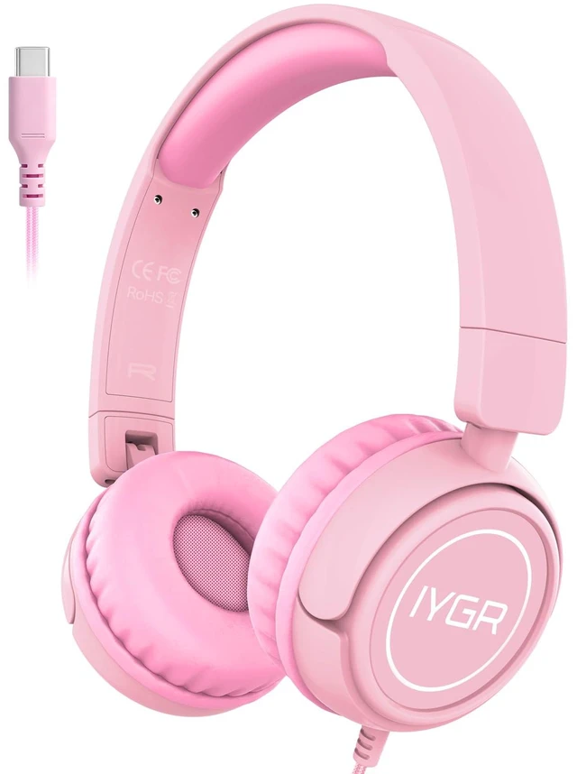 Main image of K6C Kids Headphones with USB-C, for Toddler & Kids Ages 2-12, 85dB Safe Volume Limited, Adjustable Headband & Foldable Wired, On-Ear Headphones for School, Travel, Tablet, iPad