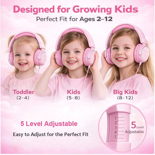Alt view image 2 of 7 - K6C Kids Headphones with USB-C, for Toddler & Kids Ages 2-12, 85dB Safe Volume Limited, Adjustable Headband & Foldable Wired, On-Ear Headphones for School, Travel, Tablet, iPad