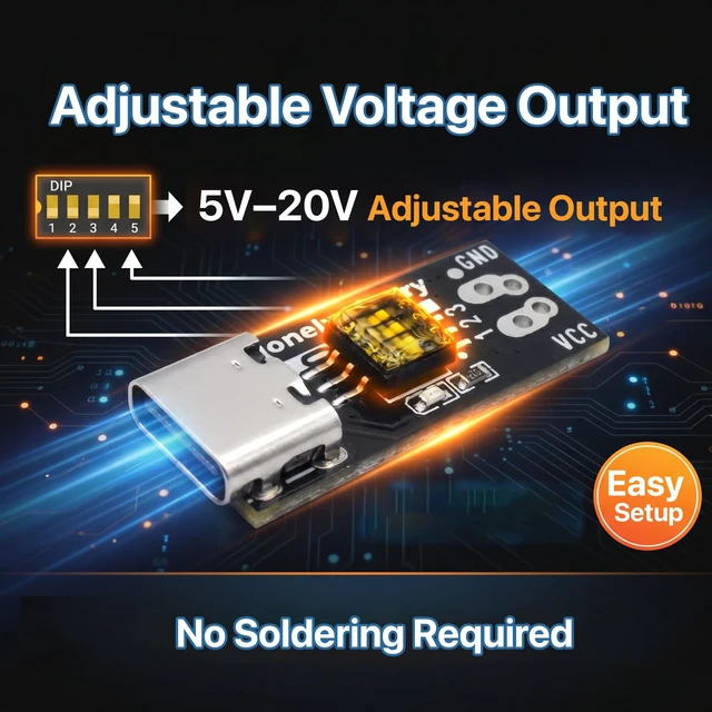 Alt view image 4 of 7 - 12-Pack USB-C PD Trigger 100W Decoy DIP 5-20V Screw Terminal PD 3.0/QC, fixed 5V/9V/12V/15V/20V via DIP switch; screw terminals; breadboard pins; for ESP32; laptop, router, LED