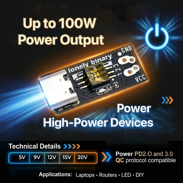 Alt view image 5 of 7 - 12-Pack USB-C PD Trigger 100W Decoy DIP 5-20V Screw Terminal PD 3.0/QC, fixed 5V/9V/12V/15V/20V via DIP switch; screw terminals; breadboard pins; for ESP32; laptop, router, LED