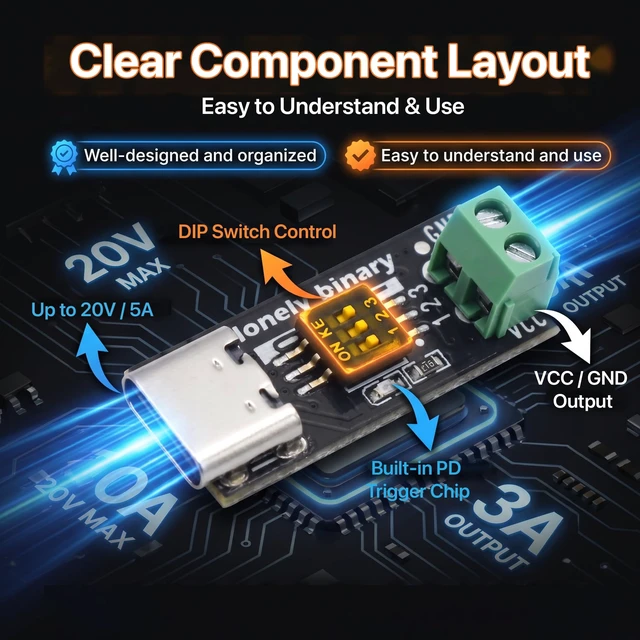 Alt view image 7 of 7 - 12-Pack USB-C PD Trigger 100W Decoy DIP 5-20V Screw Terminal PD 3.0/QC, fixed 5V/9V/12V/15V/20V via DIP switch; screw terminals; breadboard pins; for ESP32; laptop, router, LED
