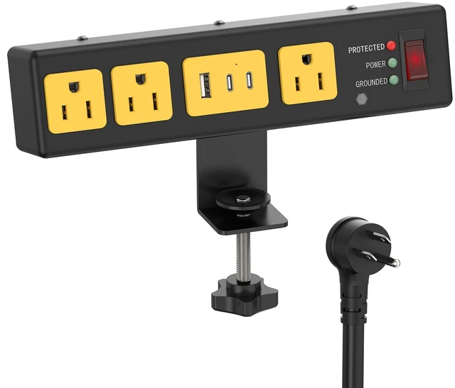 Main image of Desk Clamp Surge Protector USB, Heavy Duty, 6FT, 20W, 1. Metal Shell, Home Office, Gaming Standing Desktop Accessories, Power Strip, 4800J, Flat Plug Extension Cord Extender