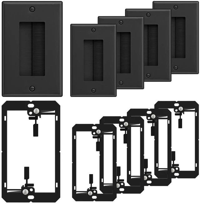 Main image of Brush Wall Plate with Low Voltage Mounting Bracket, Black, 5 pack Cable Pass Through Insert for Wires, Single Gang Cable Access Strap, Wall Socket for HDTV, Home Theater Systems