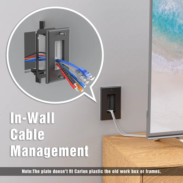 Alt view image 4 of 7 - Brush Wall Plate with Low Voltage Mounting Bracket, Black, 5 pack Cable Pass Through Insert for Wires, Single Gang Cable Access Strap, Wall Socket for HDTV, Home Theater Systems