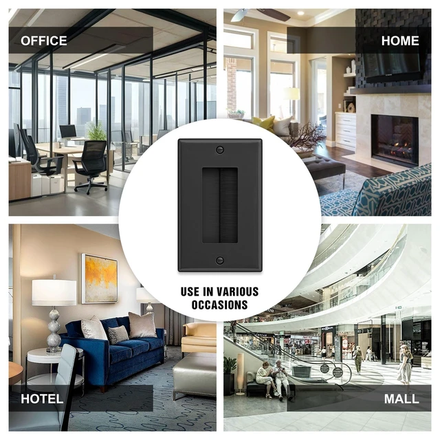 Alt view image 6 of 7 - Brush Wall Plate with Low Voltage Mounting Bracket, Black, 5 pack Cable Pass Through Insert for Wires, Single Gang Cable Access Strap, Wall Socket for HDTV, Home Theater Systems