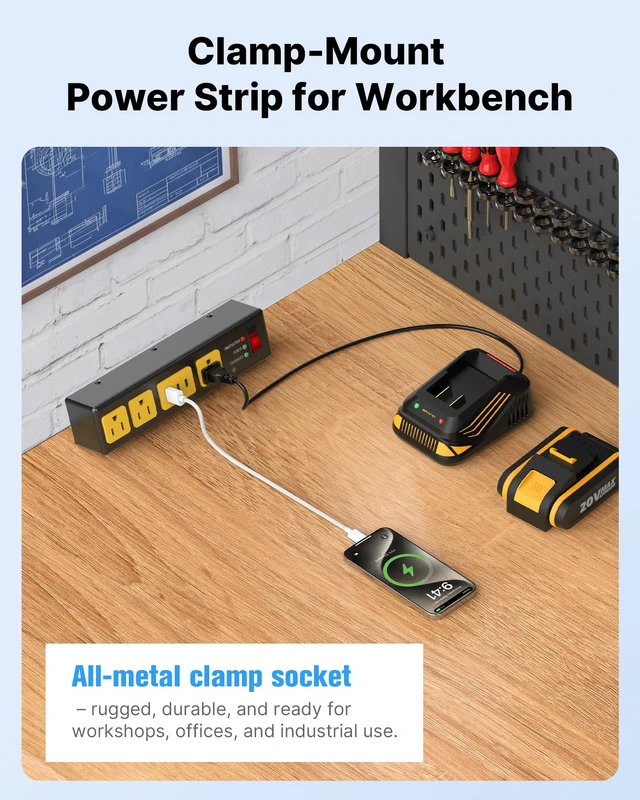 Alt view image 3 of 7 - Desk Clamp Surge Protector USB, Heavy Duty, 6FT, 20W, 1. Metal Shell, Home Office, Gaming Standing Desktop Accessories, Power Strip, 4800J, Flat Plug Extension Cord Extender