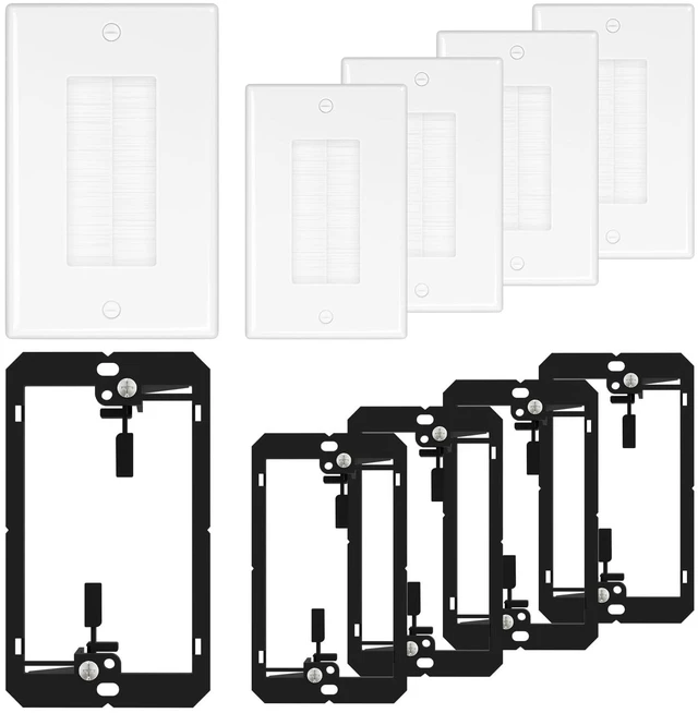 Main image of Brush Wall Plate with Low Voltage Mounting Bracket, White, 5 pack Cable Pass Through Insert for Wires, Single Gang Cable Access Strap, Wall Socket for HDTV, Home Theater Systems