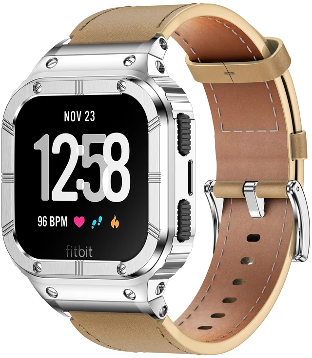 Main image of Leather Bands with Stainless Steel Case Compatible with Fitbit Versa 1 2 3 4 Lite Sense 2 1 Protective case for men