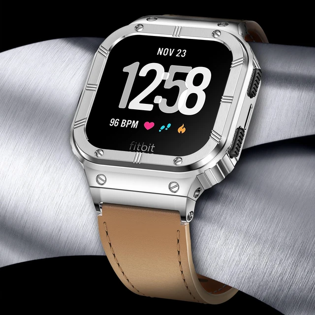 Alt view image 2 of 6 - Leather Bands with Stainless Steel Case Compatible with Fitbit Versa 1 2 3 4 Lite Sense 2 1 Protective case for men