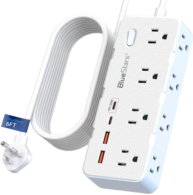 Main image of 6 Ft Extension Cord Surge Protector Power Strip, Flat Plug with 8 AC Outlets & 4 USB Ports (2 USB C, 1 PD 20W Fast Charging), 1050 Joules, 1875W/13A, ETL Listed, Wall Mount for Home Office Dorm