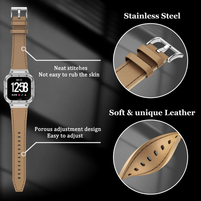 Alt view image 3 of 6 - Leather Bands with Stainless Steel Case Compatible with Fitbit Versa 1 2 3 4 Lite Sense 2 1 Protective case for men