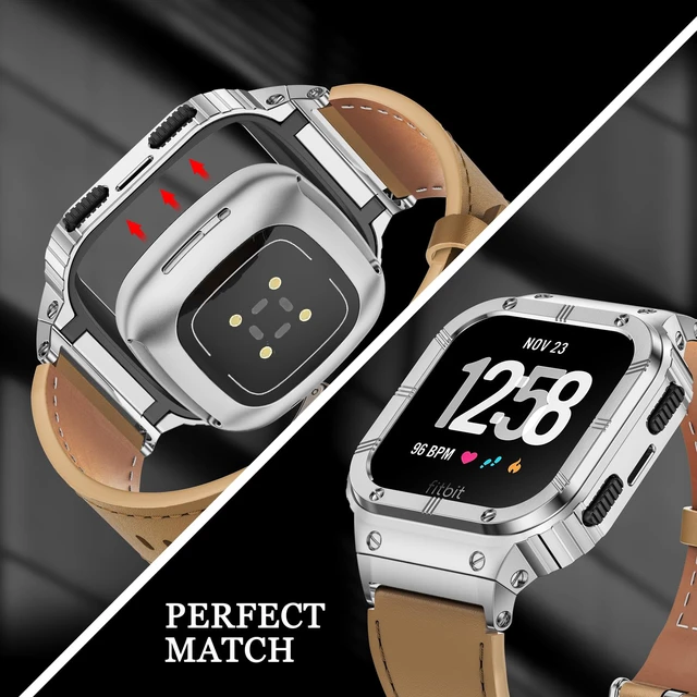 Alt view image 4 of 6 - Leather Bands with Stainless Steel Case Compatible with Fitbit Versa 1 2 3 4 Lite Sense 2 1 Protective case for men